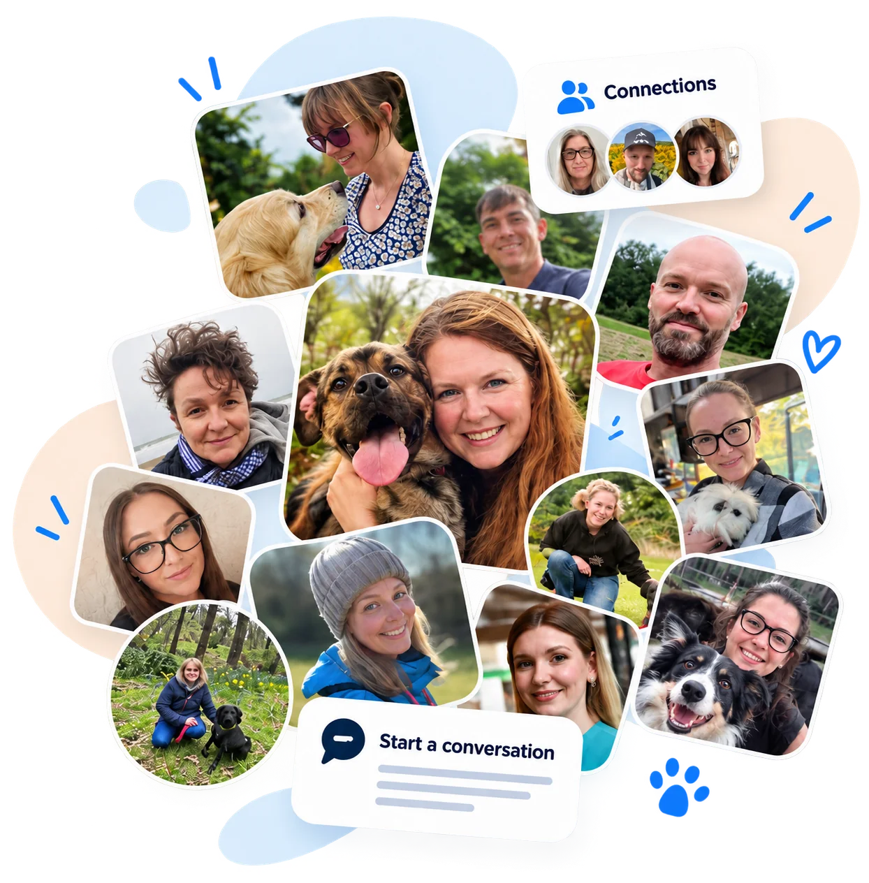 Pupio members with their pets, alongside a Connections card and a Start a conversation card